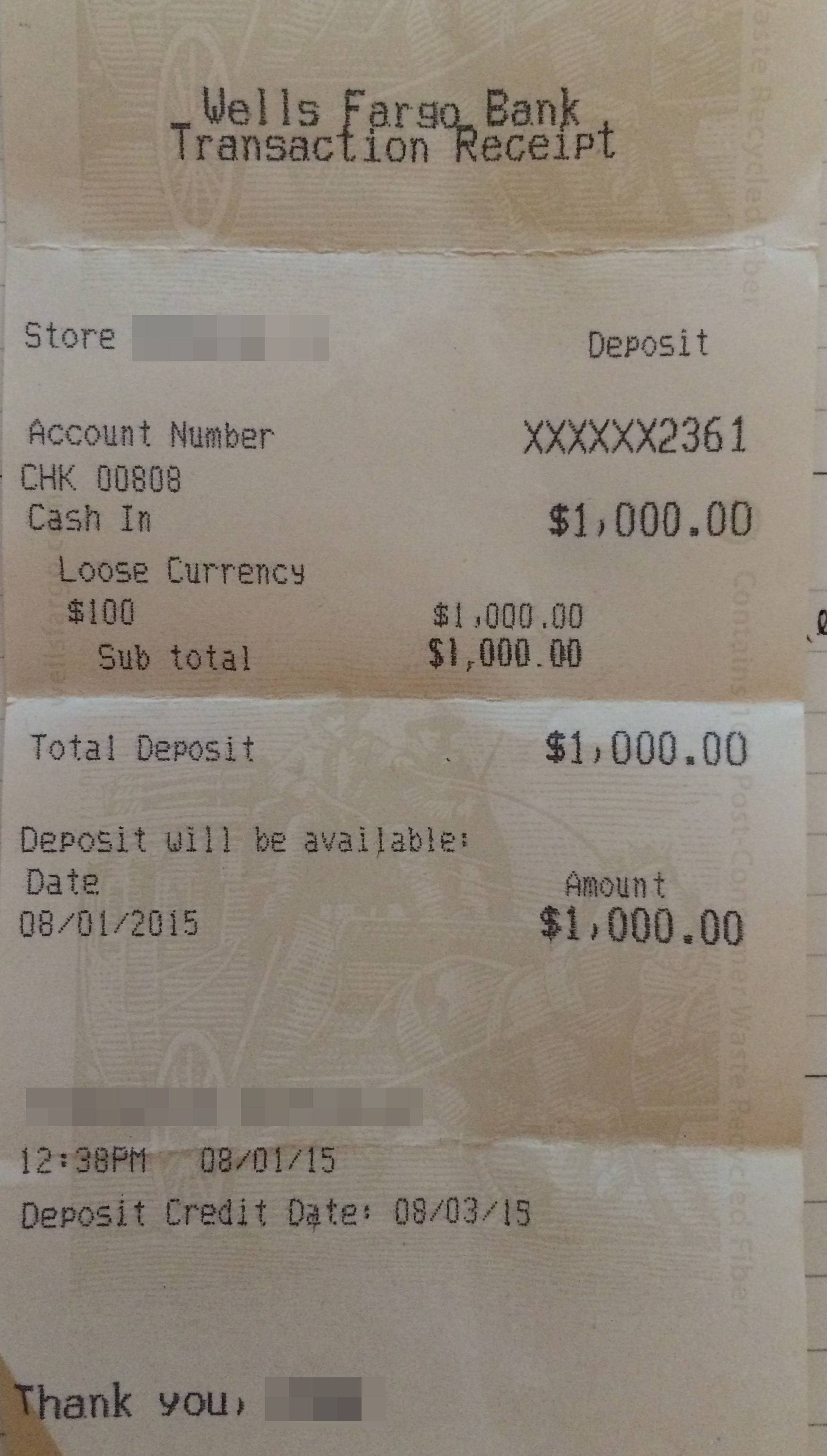 Wells Fargo Transaction Receipt